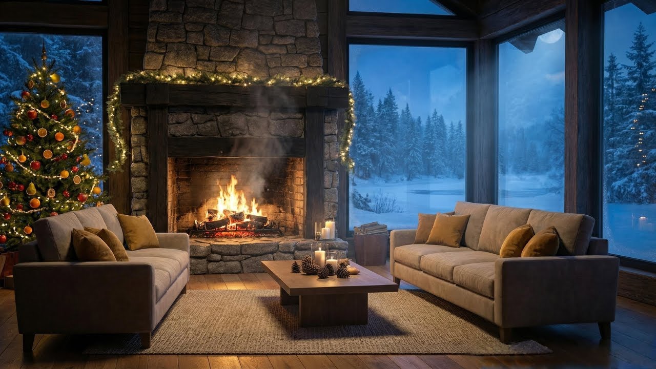 🎄 Warm Forest Cabin 🌧️ Holiday Ambience with Blues & Crackling Wood Fire