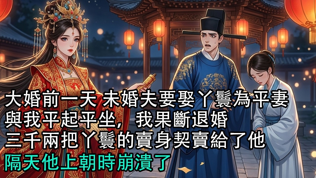【一口氣看完】大婚前一天，未婚夫要娶丫鬟為平妻與我平起平坐，我果斷退婚，三千兩把丫鬟的賣身契賣給了他，隔天他上朝時崩潰了#古言 #有聲小說 #情感故事