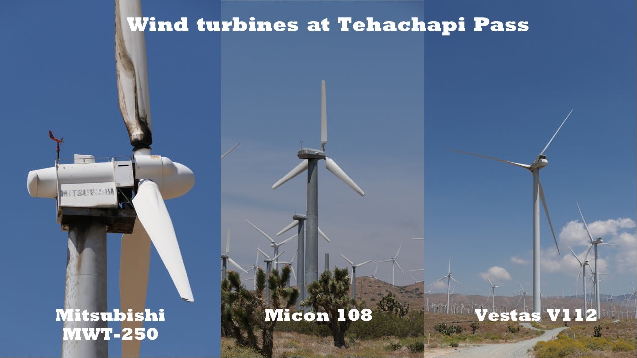 Wind turbines at Tehachapi pass - Vestas V90, Mitsubishi MWT-250/500, Micon 108, GET Danwin 225/29
