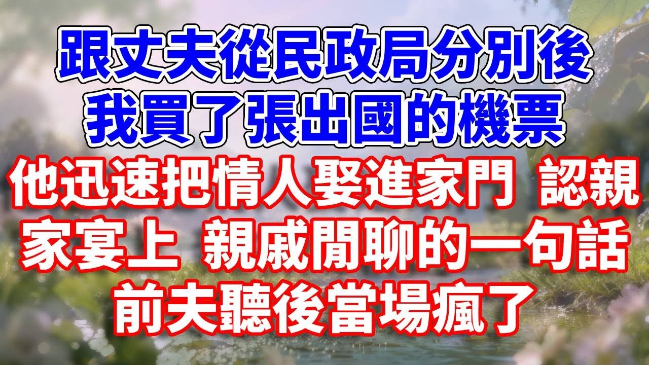 跟丈夫從民政局分別後，我買了張出國的機票，他迅速把情人娶進家門，認親家宴上 ，親戚閒聊的一句話，前夫聽後當場瘋了#完結 #情感故事 #一口氣看完 #為人處世
