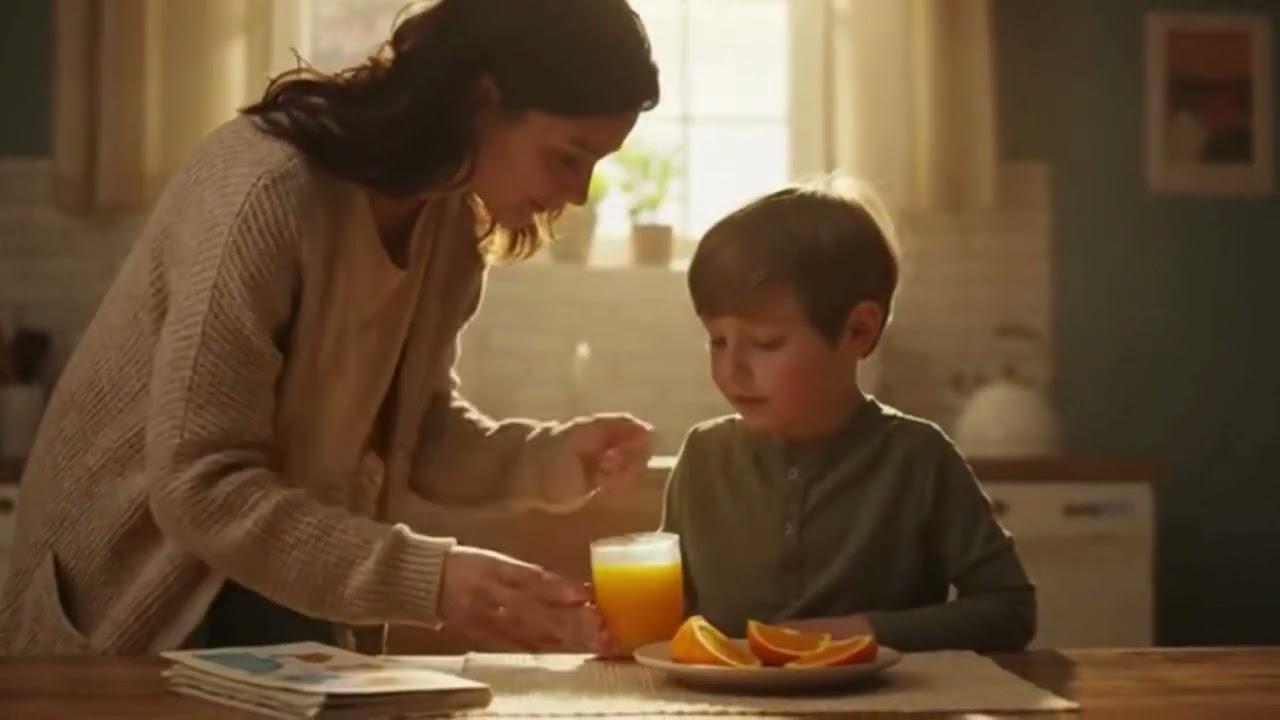 Mother gives orange juice to her son asmr