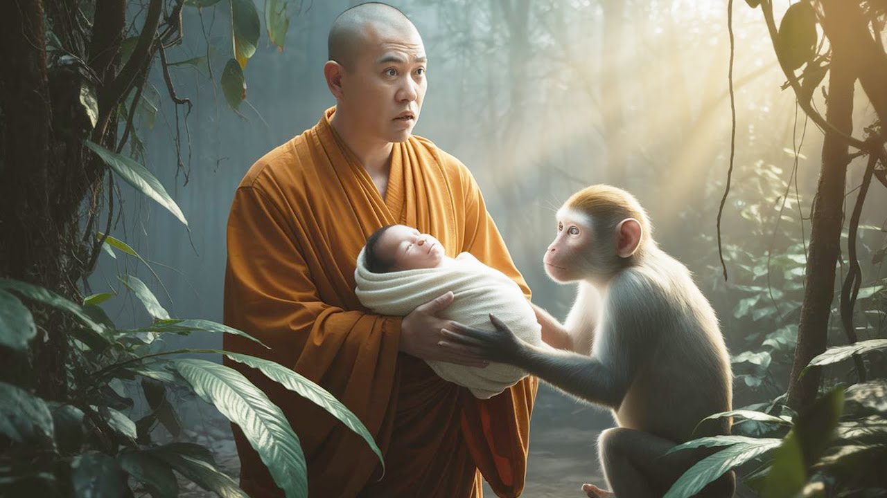 ลิงมอบเด็กทารกมนุษย์ให้พระเลี้ยงดู พระถึงกับตกตะลึง