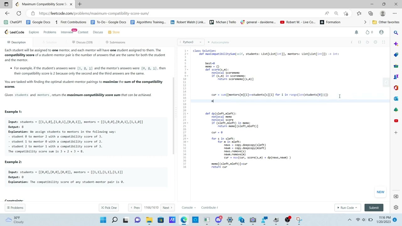 LeetCode Medium: 1947. Maximum Compatibility Score Sum