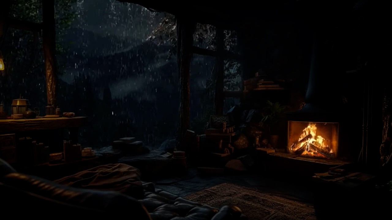 Cozy Cave Shelter from Heavy Rain and Thunder with Fireplace Sounds ⛈️ 24 Hours Sleep, Study, Relax