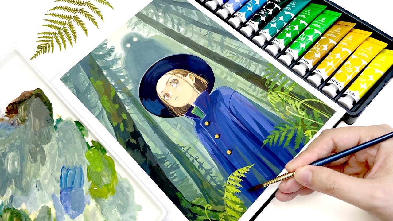 Gouache Painting Process / Tutorial / Witch in the Forest / Relaxing Painting Video / Paint with Me🌿