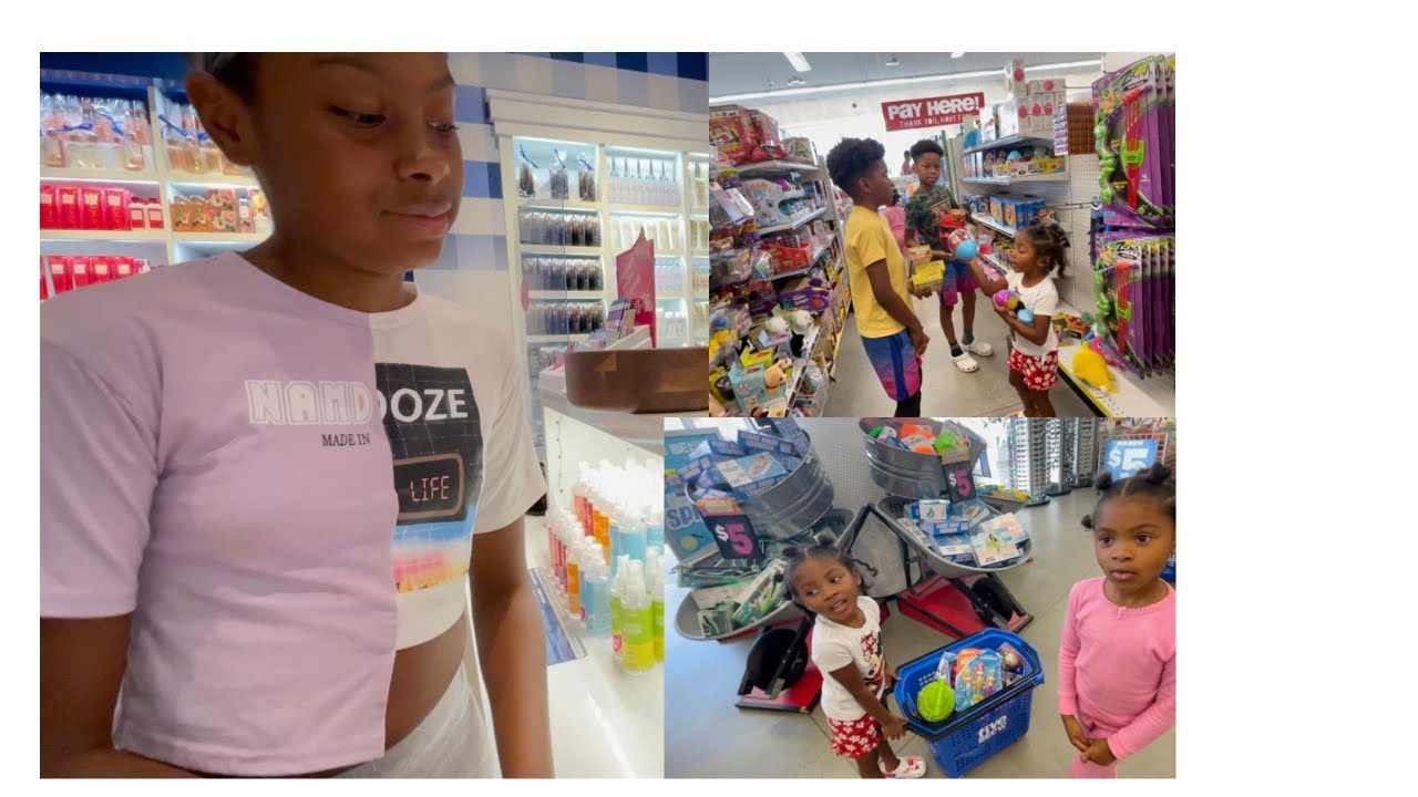 Dad shopping at Five Below/Bath And Body Works  with five kids