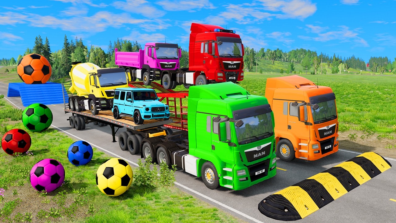 Flatbed Trailer McQueen Transportation with Truck - Speedbumps vs Cars vs Train #55 - BeamNG.Drive