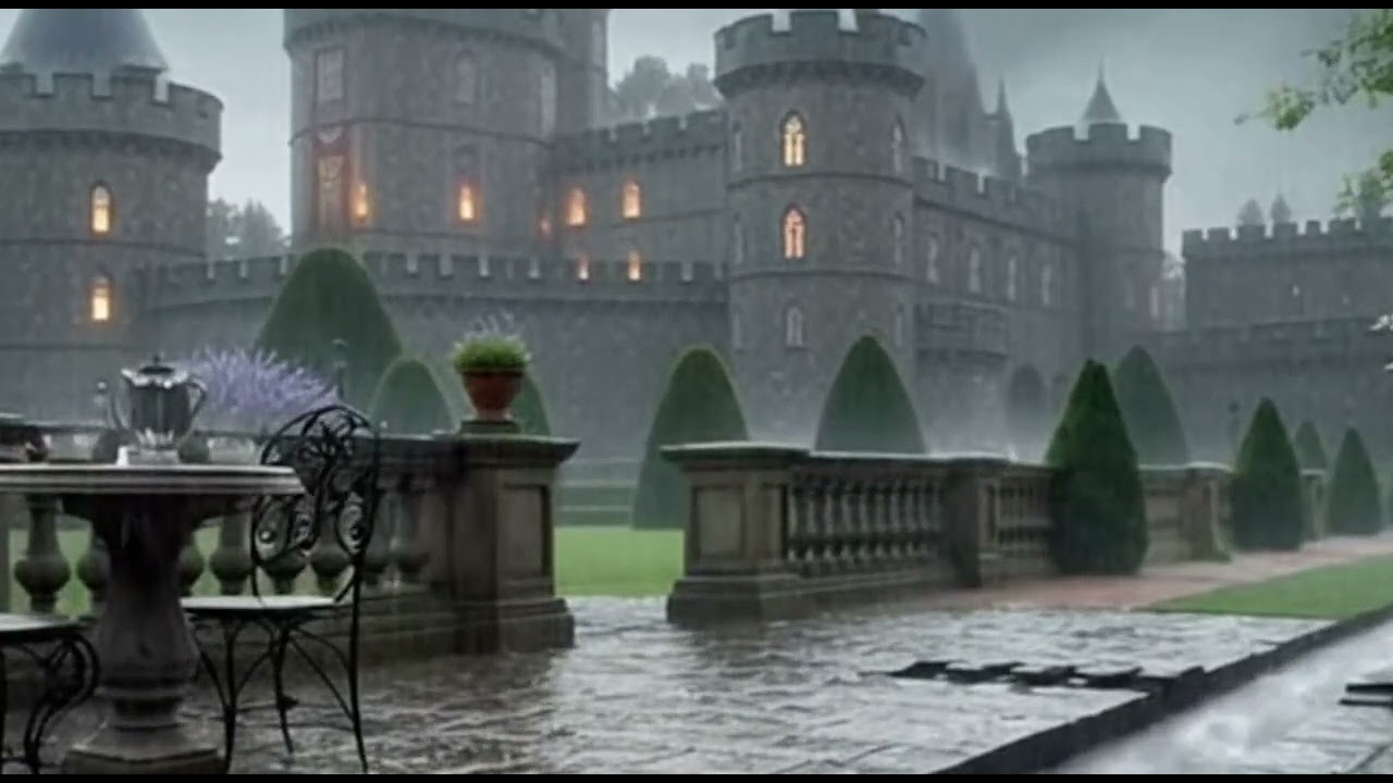 Storm Over a Medieval Garden Patio 🌧️ Stone Courtyard with Rain & Stream Ambience (1 Hour)