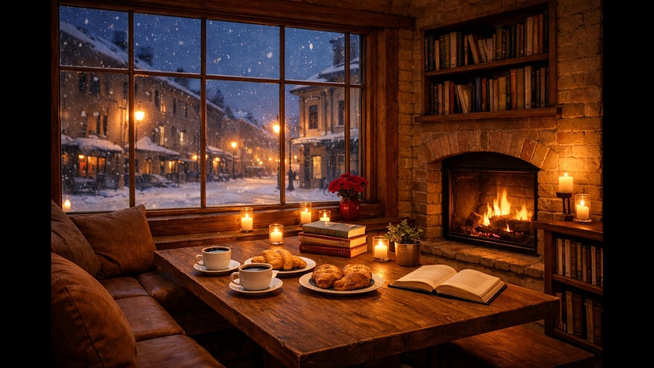 Winter Rain & Snow Café ☕❄️ Gentle Jazz & Fireplace Ambience for Study & Relax