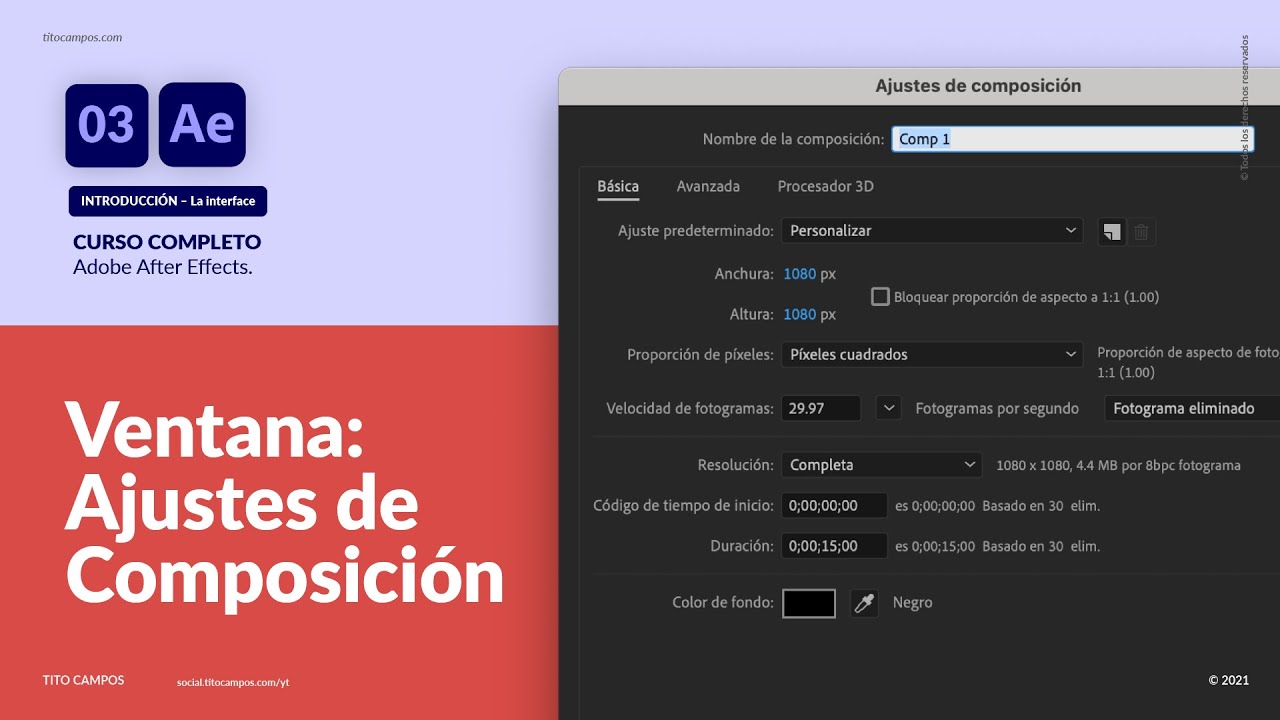 Interface: Ventana de Ajustes de Composicion en After Effects