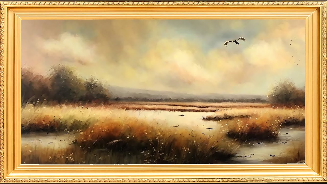 Wetland Majesty golden frame vintage art tv watercolor minimalist abstract background wallpaper