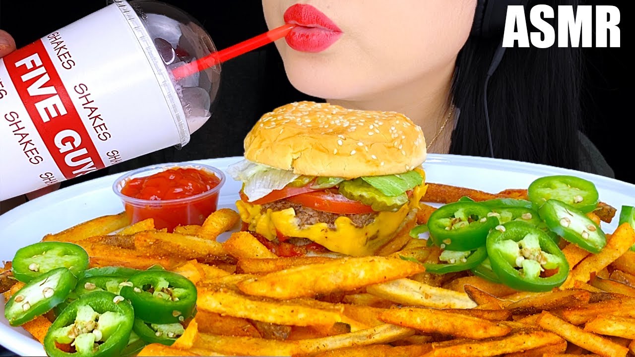 DOUBLE CHEESEBURGER, CAJUN FRENCH FRIES & MILKSHAKE ASMR FIVE GUYS BURGERS 🍔 먹방 Mukbang | ASMR Phan