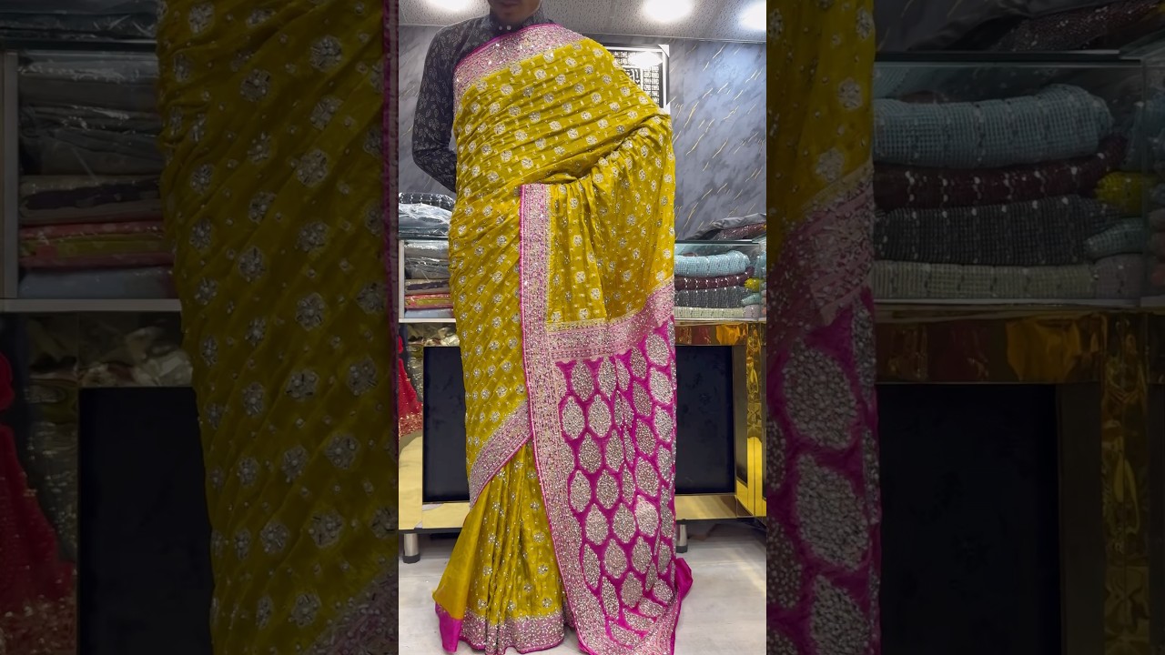 Semi pure banarsi chiffon double zari atlas saree with stones and kundun work Rs.14000 #fypシ゚ #trend