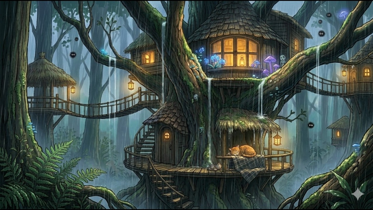 Cozy Treehouse in Heavy Rain 🌧️ Ghibli Style Relaxing ASMR Animation for Sleep & Study