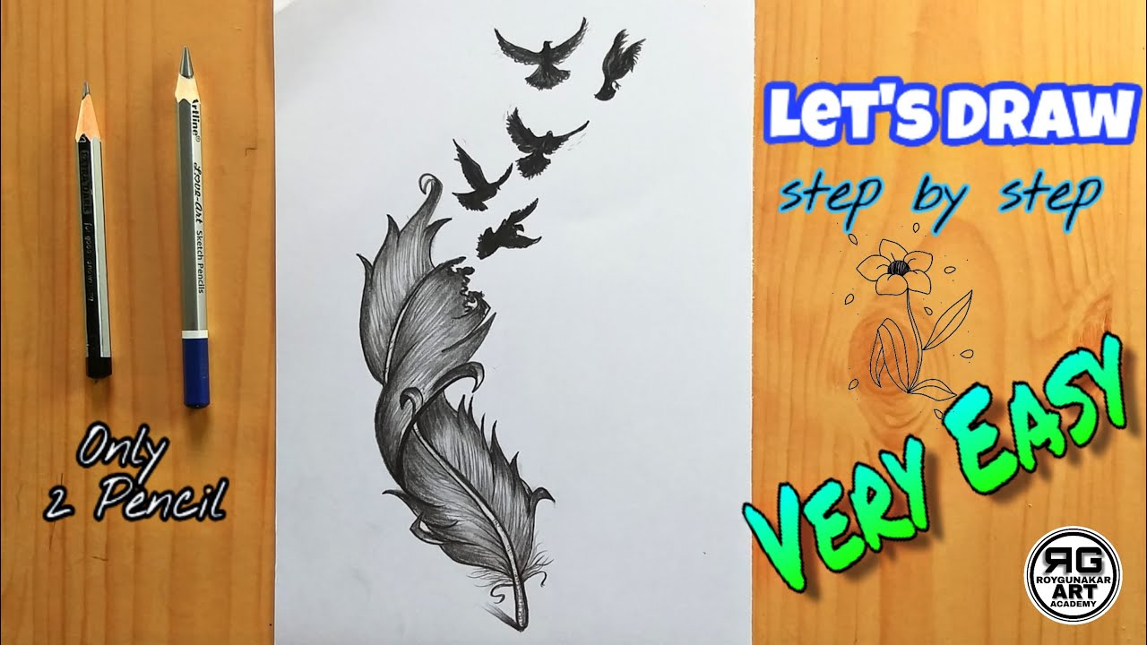 How To Draw a Feather with Flying Birds || Easy Pencil Sketch || Step by Step || for Beginners