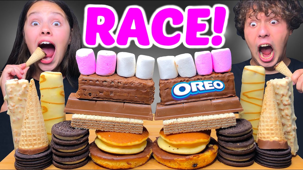 ASMR LEFTOVER CHOCOLATE DESSERT RACE! OREO, MARSHMALLOW, CHOCOLATE CANDY BARS MUKBANG EATING SOUNDS