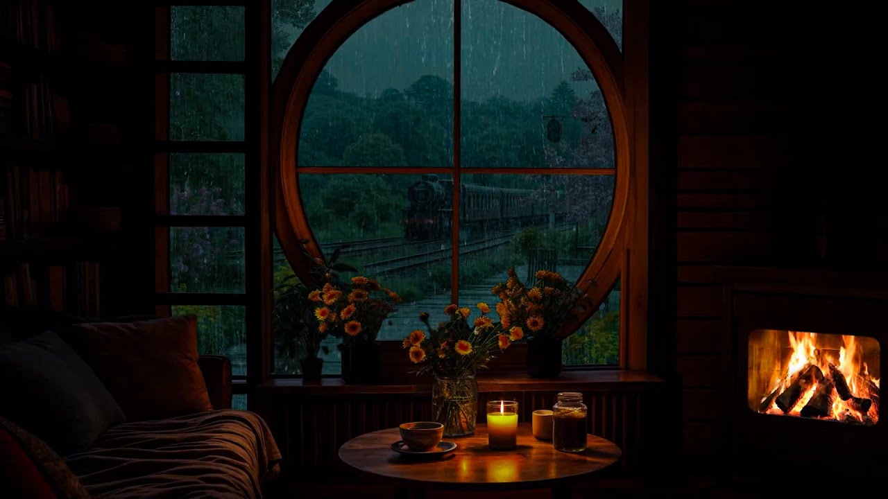 Rain Sounds for Sleep - Sons de chuva na janela e lareira - Sons de chuva forte - 10 horas ☔🔥