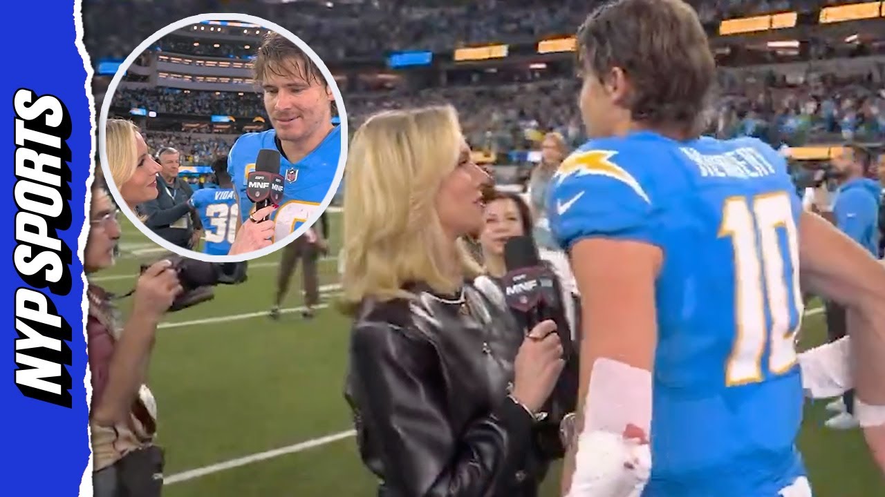 Justin Herbert has AWKWARD moment with ESPN&rsquo;s Laura Rutledge after &lsquo;MNF&rsquo; triumph