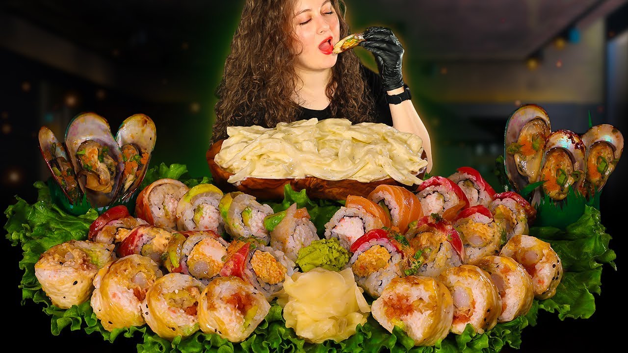 ASMR * SUSHI & GREEN LIP MUSSELS * CREAMY ONION SALAD *  MUKBANG * اصوات الاكل المحار الاخضر
