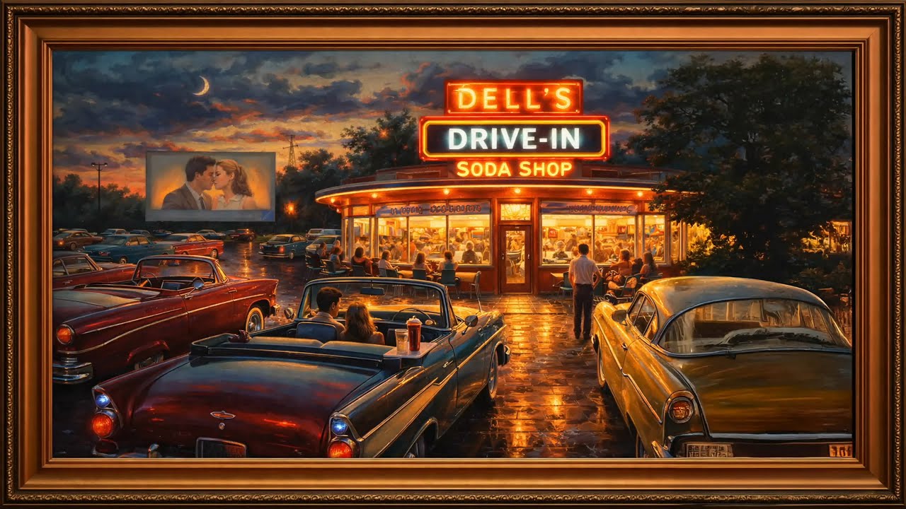 digital art with frame 50's Drive-in diner with 50's music