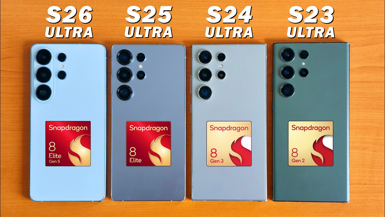 Сравнение производительности Samsung Galaxy S26 Ultra, S25 Ultra, S24 Ultra и S23 Ultra.