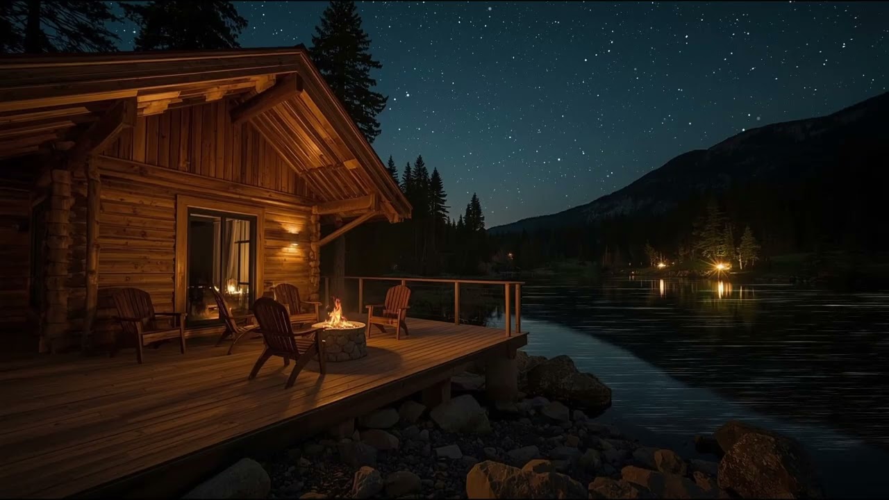 Cozy Fireplace on a Cabin Terrace | Peaceful Night by the Lake