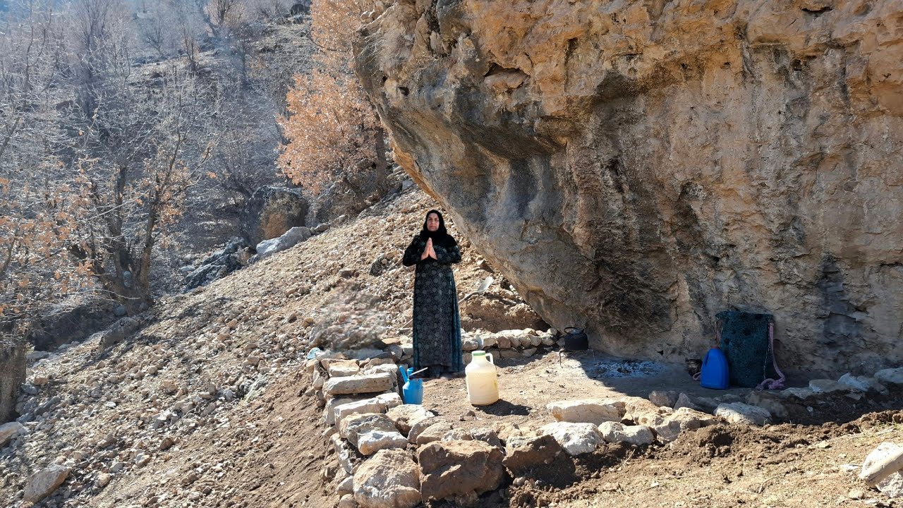 Exiled Elderly Mother in the Zagros Mountains | Building a Stone & Mud Wall Inside a Cave