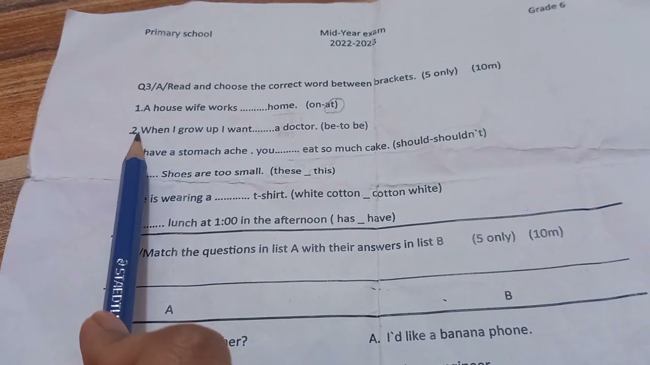 اسئلة انكليزي للصف السادس الابتدائي امتحان نصف السنة مع الحل