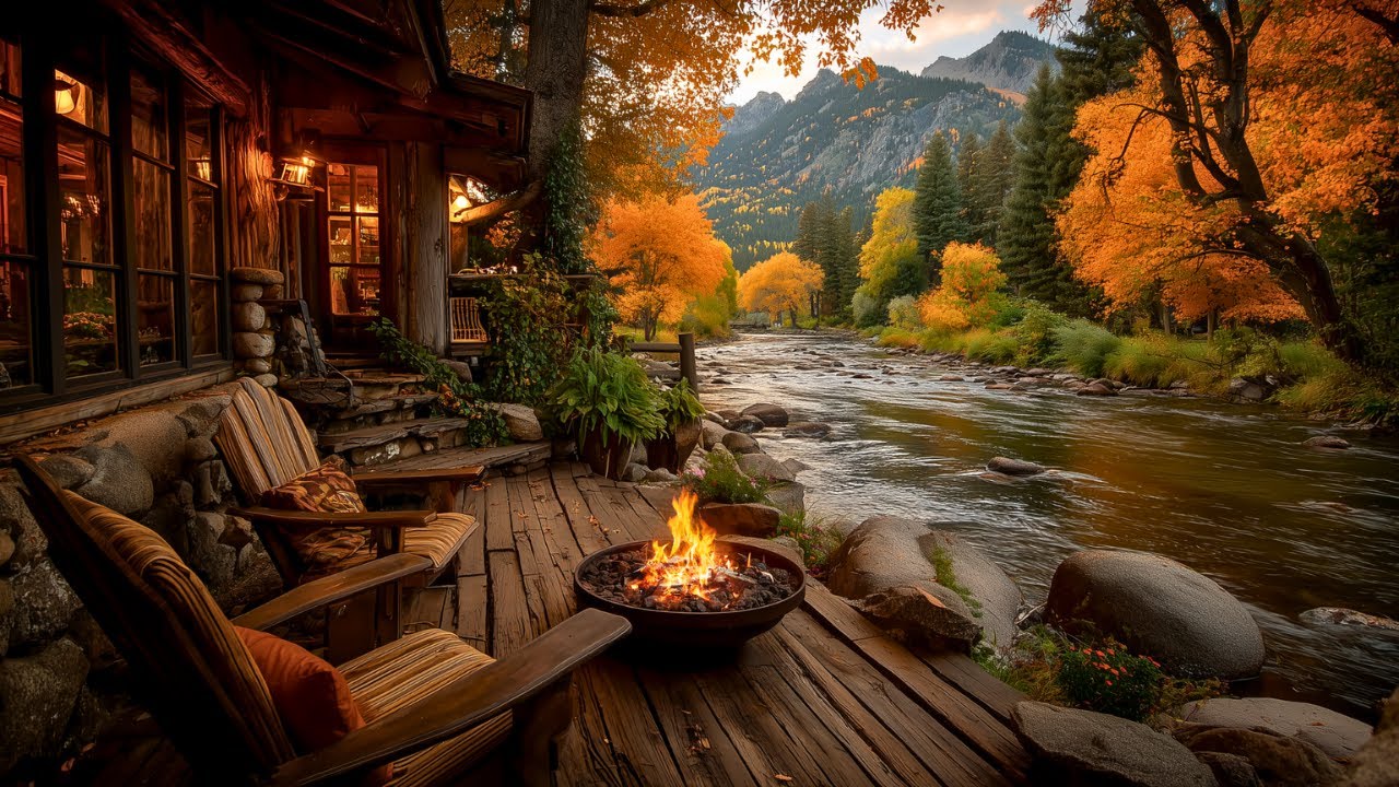 Cozy Autumn Riverside Porch Ambience | Fire Crackling & Birds Singing for Stress Relief