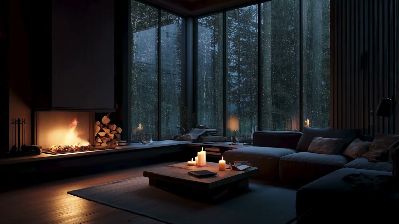 Cozy Forest Cabin Fireplace Ambience 🔥🌊 | Soft Piano & Rain Sounds Relaxation with Crackling Fire