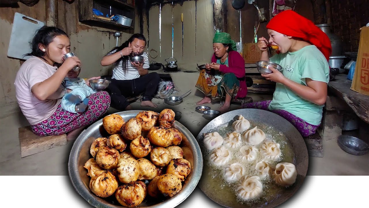 Pork Fry momo cooking & eating in village style गाउले तरिकाको तारेको पोर्क म म Village life vlog