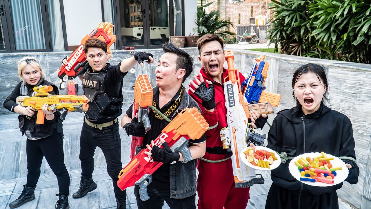 LTT Nerf War: Пара бойцов SEAL X с оружием Nerf сражаются с группой жадных преступников Dr. Lee