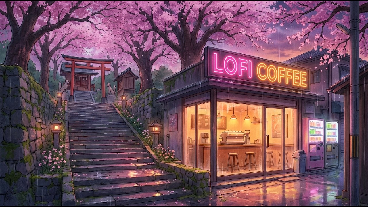 🌸☕ Neon Sakura Night Rain 🌧️ Lofi Coffee Ambience for Deep Study Focus and Calm Mind ✨