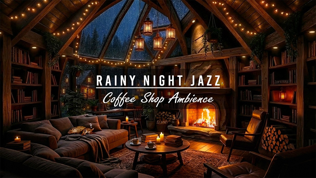 Cozy Reading Nook Ambience 🌧️ Soft Jazz with Fireplace Sounds & Heavy Rain Sounds for Sleeping