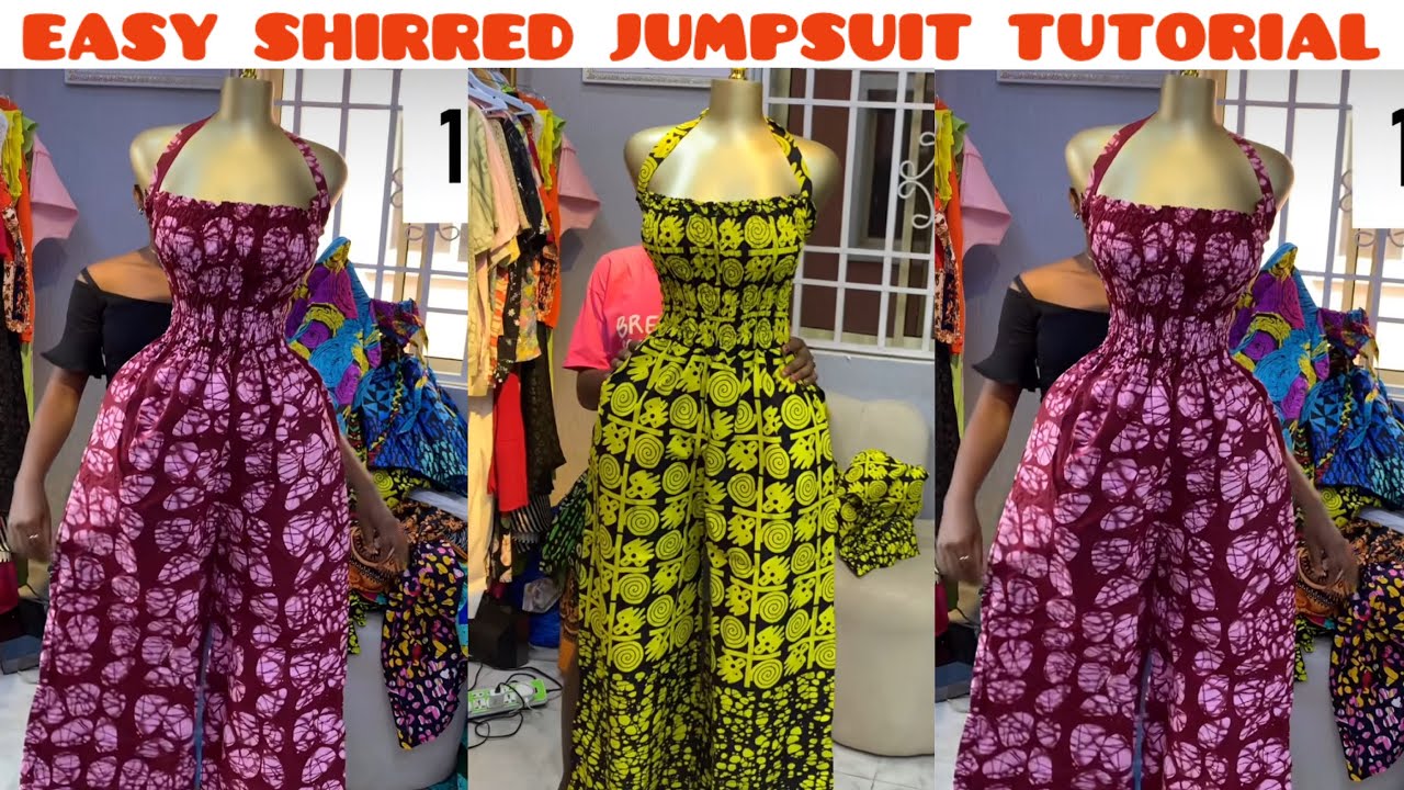 How to Sew a Shirred Maxi Jumpsuit with Halter Neckline | Easy DIY African Fashion for Beginners