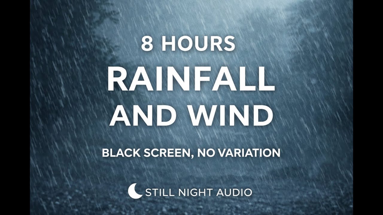 8 Hours Rainfall and Wind – Black Screen, No Variation | Still Night Audio