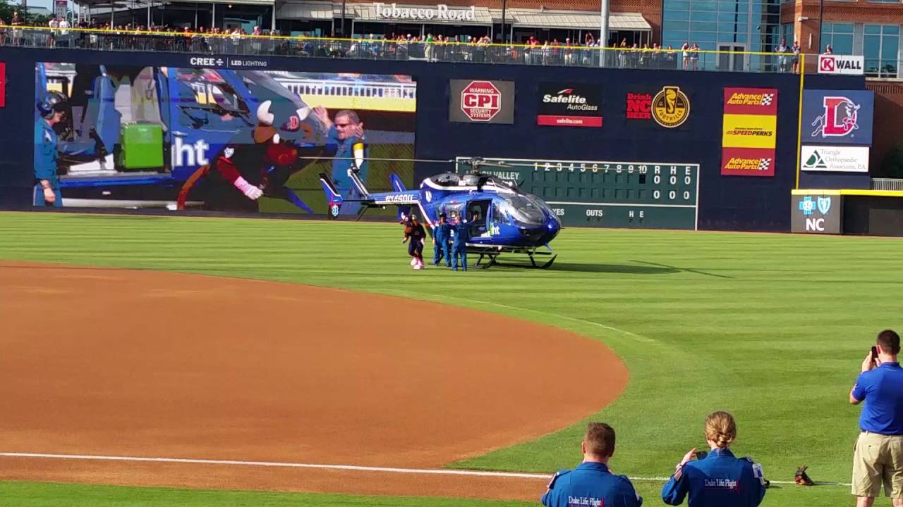 Durham Bull's Pregame - Mascot Wool E. Bull helicopter arrival  06-25-16