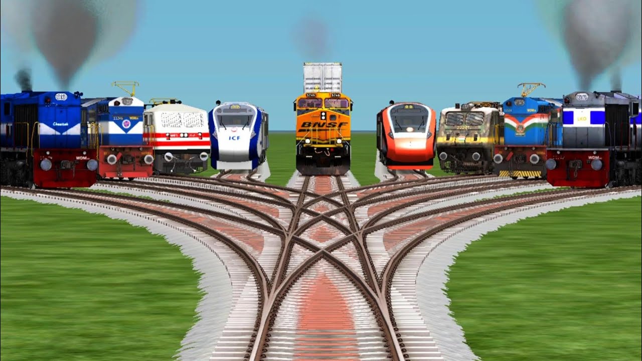 9 🚩 Realistic Trains Crossing By Bumpy Branched Railroad Tracks || Indian train simulator classic 
