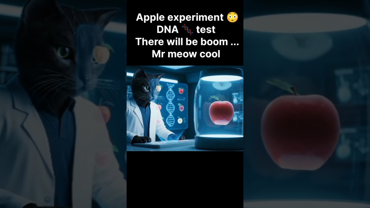A cat scientist observes a holographic apple DNA spiral.AppleDNA #SciFiAI #CatScientists #ai #cat