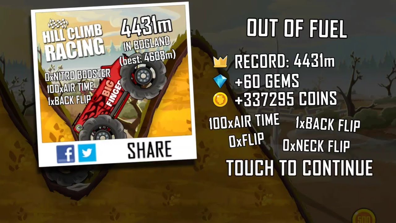 Hill Climb Racing 1.62.0 (60 fps): Big Finger + Bogland 4431m (full run)