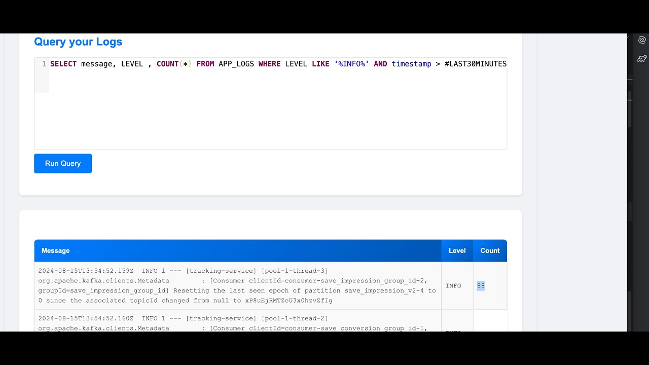 In House Editor to Query Application Logs using SQL like Syntax