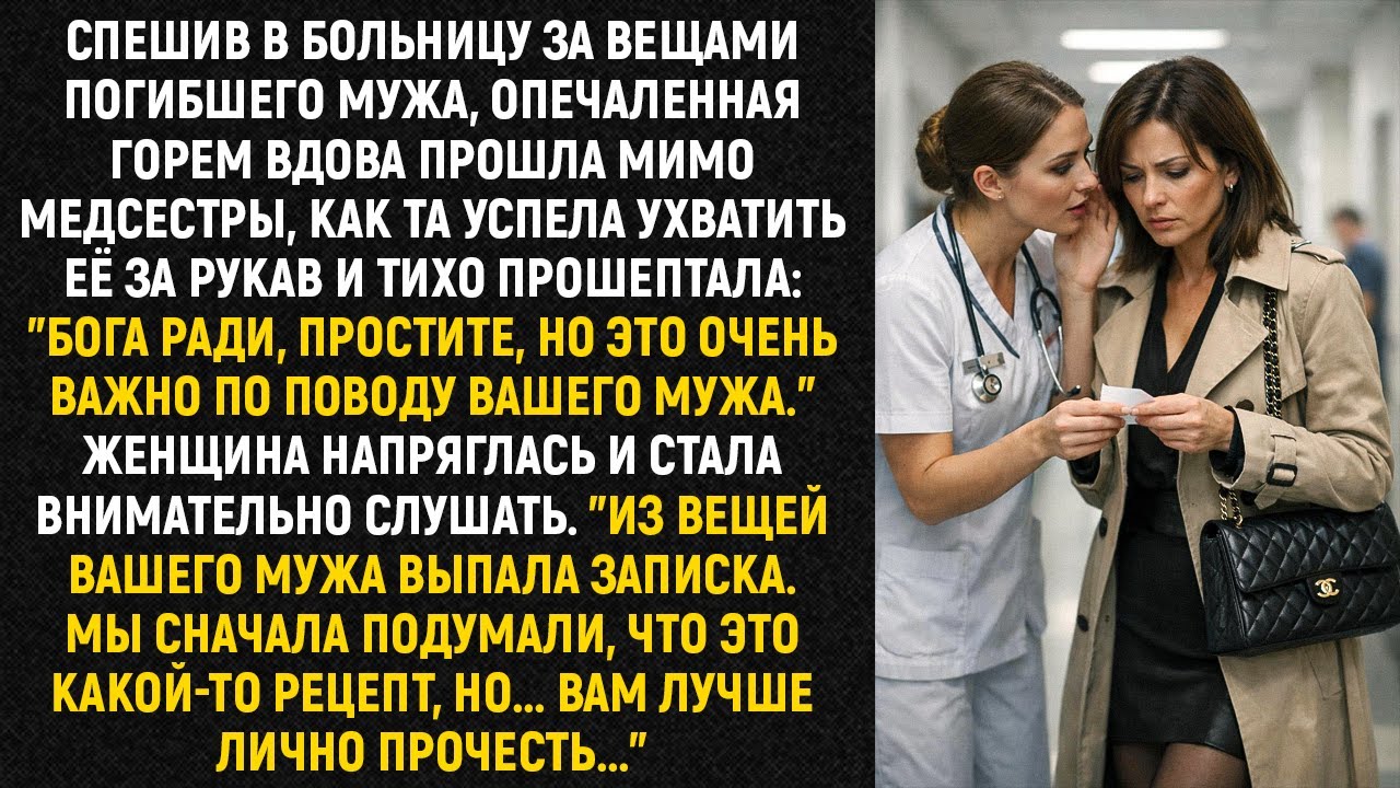 Спешив в больницу за вещами погибшего мужа, опечаленная горем вдова прошла мимо медсестры, как...