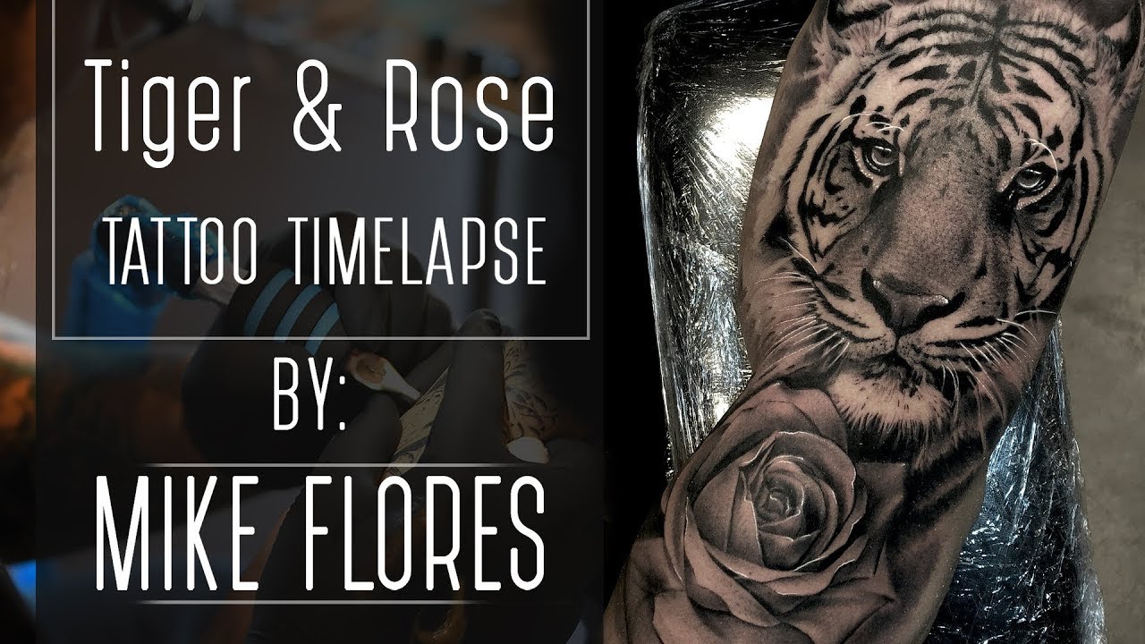 Tattoo time lapse Realistic Rose and Tiger - tattoo by Mike Flores
