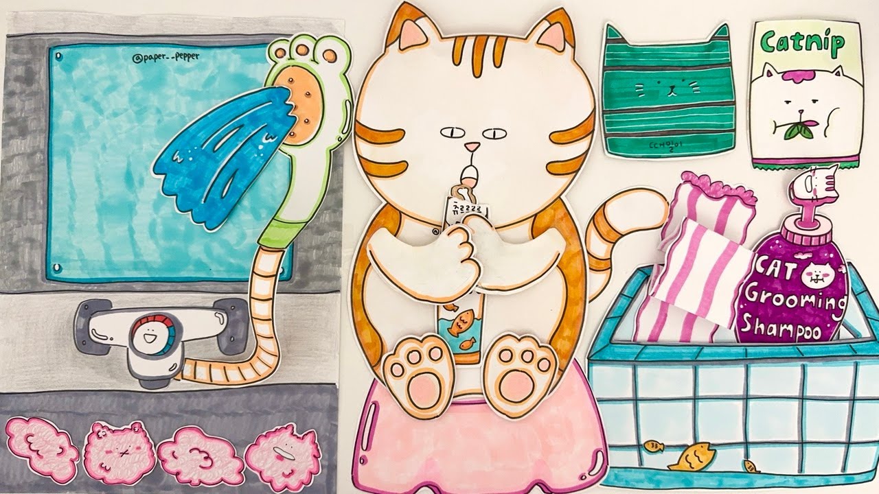 [🚀paper ASMR] 고양이 목욕탕 OPEN ! 냥냥 스파 데이 + 마사지 + 때밀이 🐾 Cat Spa Day + Massage | paper diy