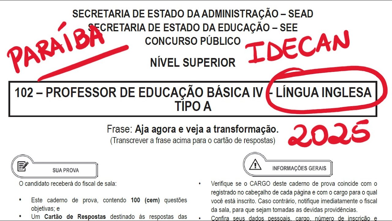 CONCURSO PROFESSOR INGLÊS - PARAÍBA - IDECAN - 2025