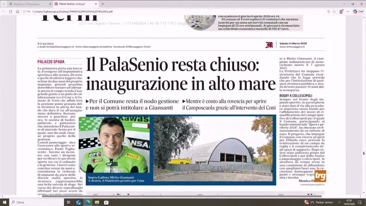 Rassegna Stampa TRG - Prima Pagina Sabato 14 marzo 2026