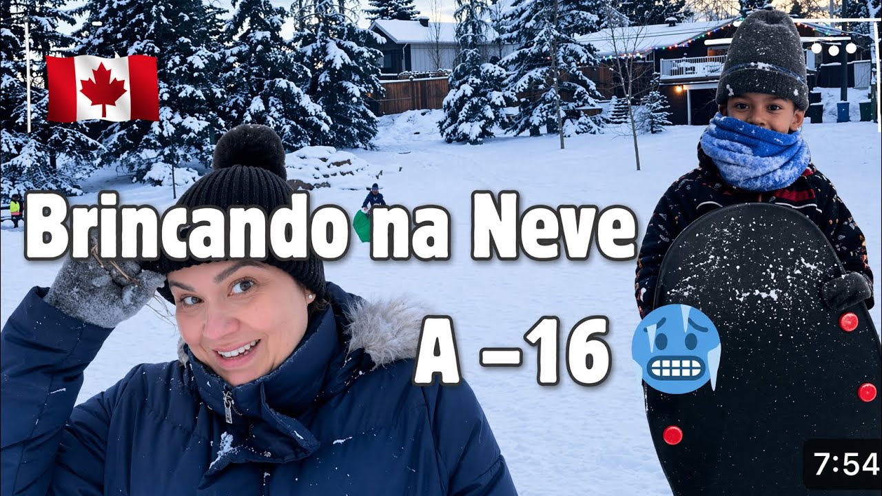 Levei o Theo e minha vizinha para escorregar na montanha de neve! ❄🇨🇦 Dia de -16°C em Calgary