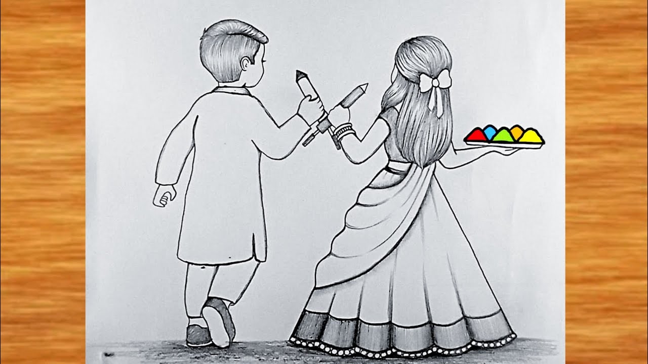 Holi Festival Drawing With Pencil || Brother-Sister Celebrate Holi || Happy Holi Drawing easy 