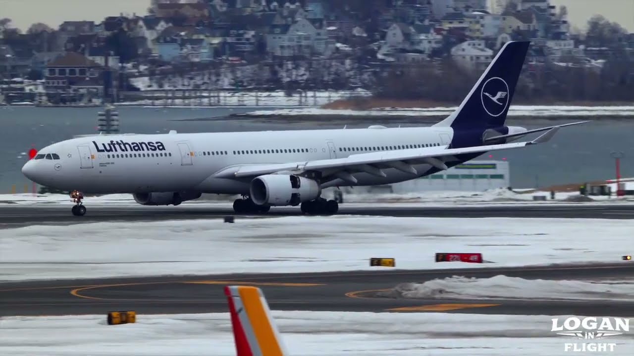 Lufthansa Airbus A330 Lands at Logan Airport on Runway 33L
