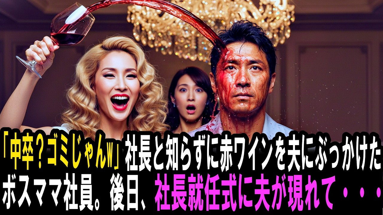 「中卒？ゴミじゃんw」社長と知らずに赤ワインを夫にぶっかけたボスママ社員。後日、社長就任式で夫が現れて・・・